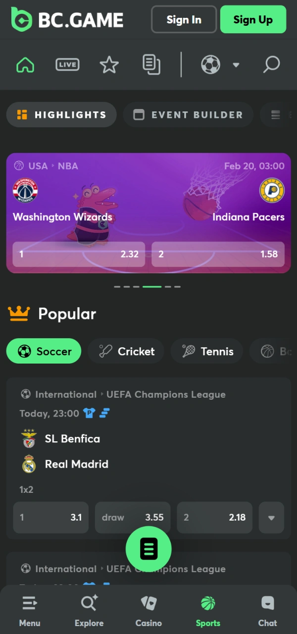 Check the mobile sports wagering section in the BC Game Android App.