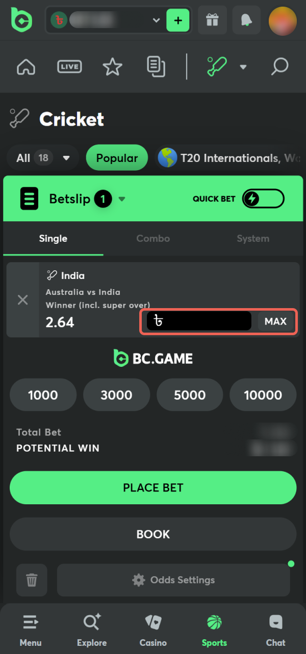Enter the desired wager value for betting in the BC Game App.
