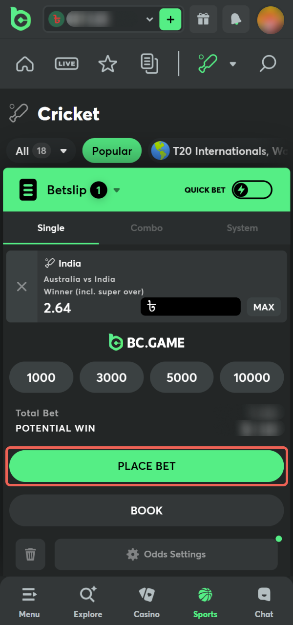 Press the button to finalize your betting in the BC Game App.