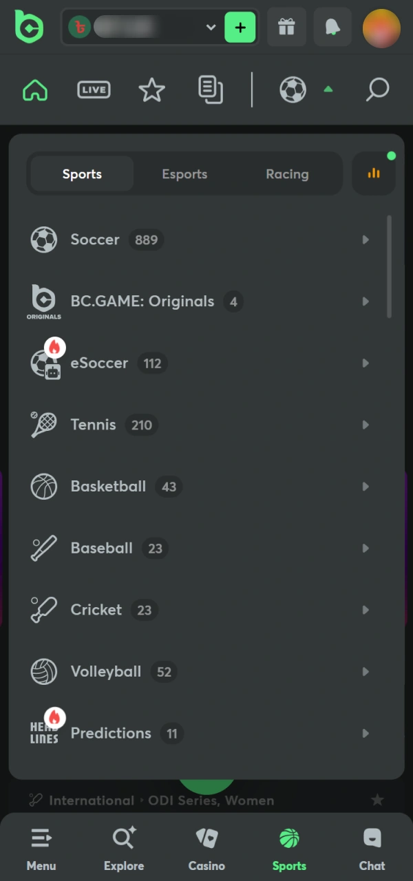 Find your favorite betting markets within the BC Game App navigation menu.