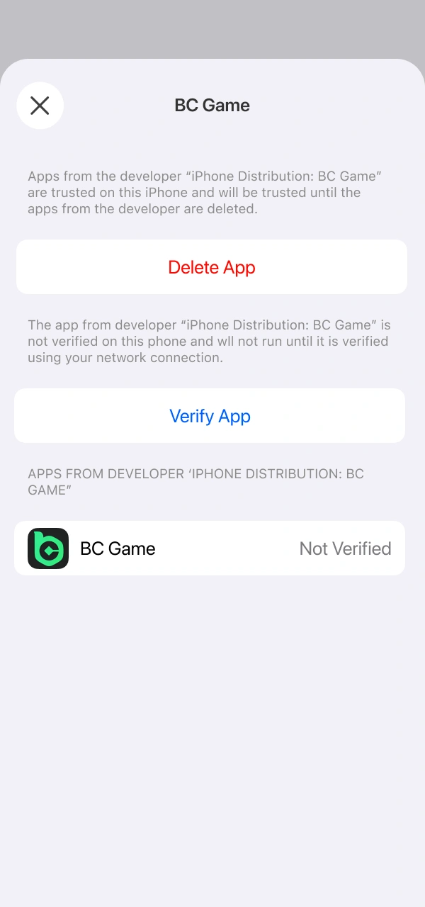 Verify the BC Game App iOS developer certificate for secure mobile betting.