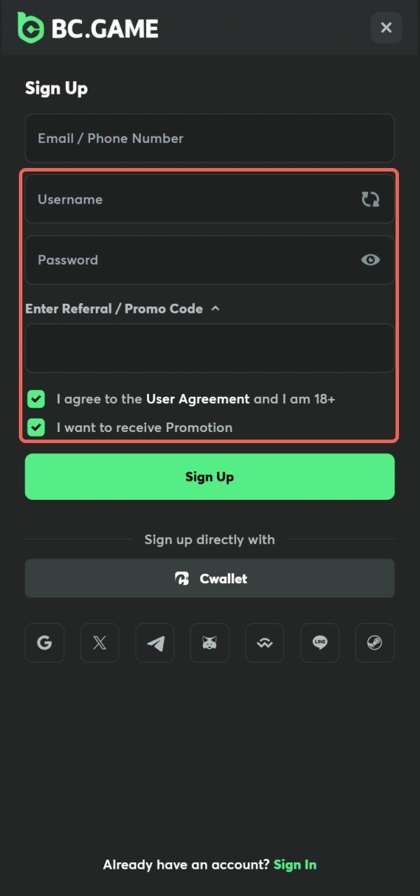 Fill in the BC Game App registration form with your valid information.