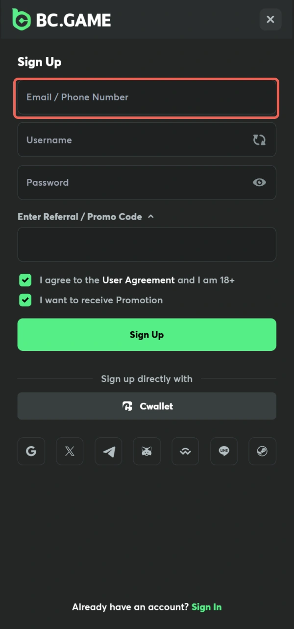 Pick your preferred sign-up option inside the BC Game App registration menu.