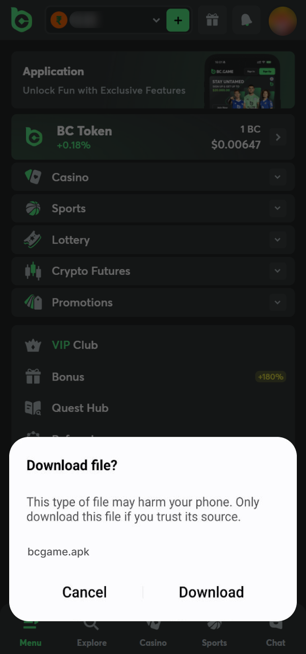 Confirm the Android file saving process for the BC Game App.