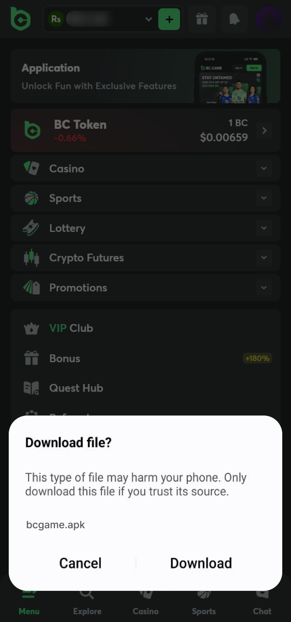 Confirm the Android file saving process for the BC Game App.