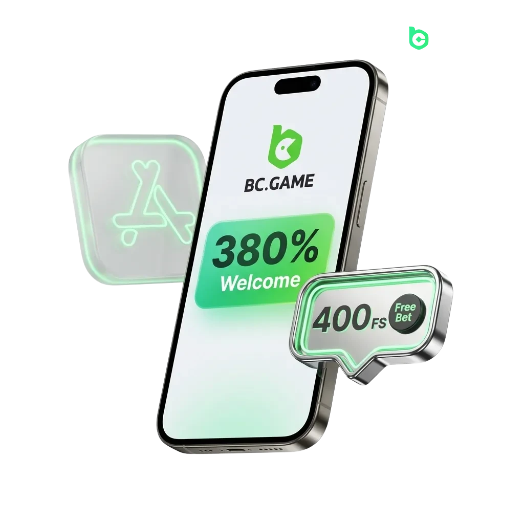 BC Game iOS app interface showing casino games and sports betting options for Indian players on iPhone