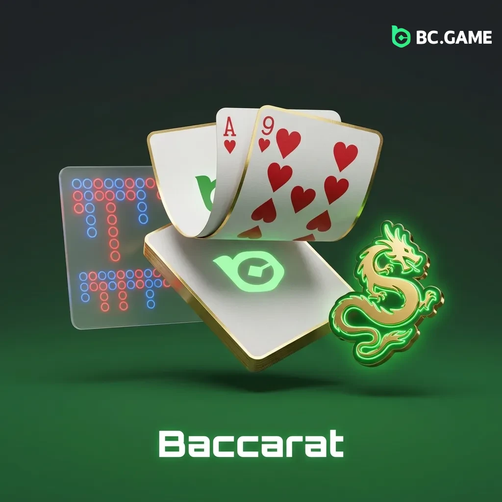 Baccarat table with cards and betting options for Player, Banker, and Tie in a casino setting