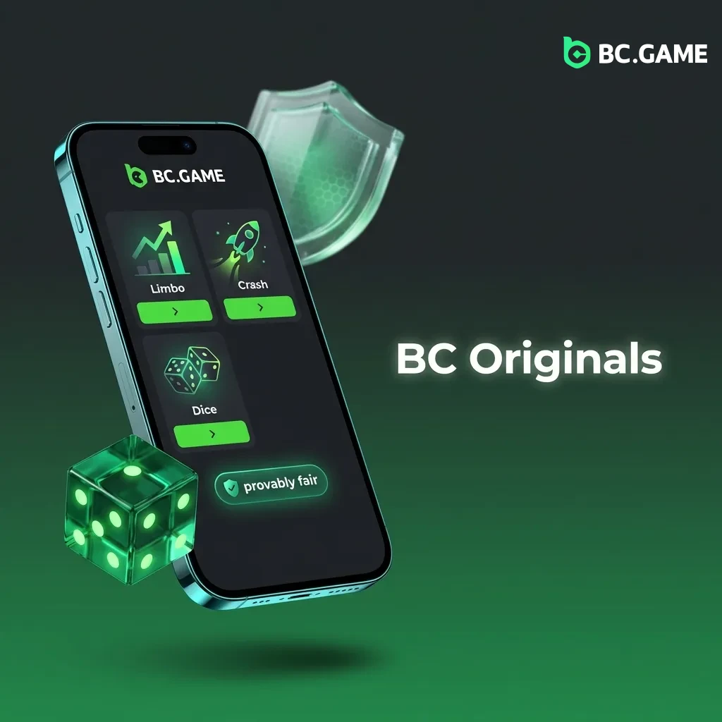 BC Originals in-house games including Limbo, Crash, Dice, Plinko, Mines, and Keno with provably fair results