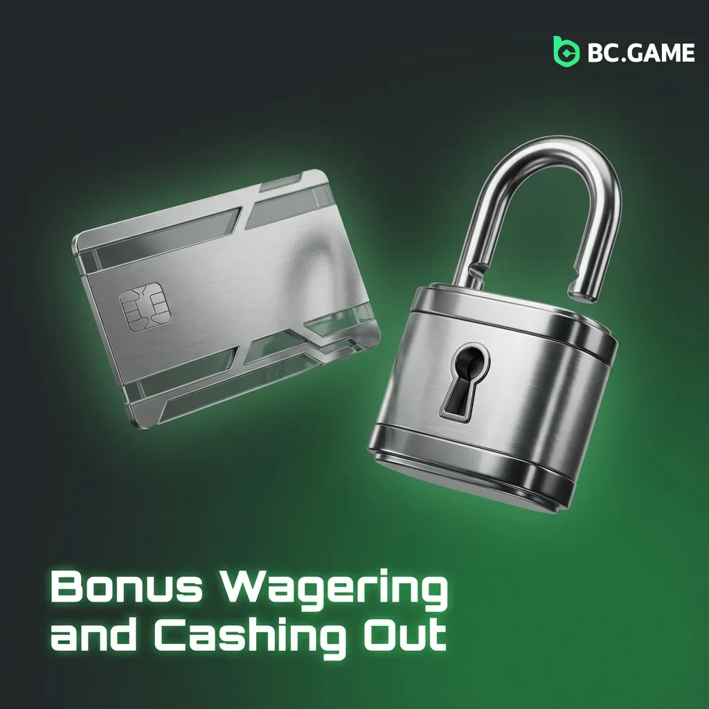 Infographic showing bonus wagering process with locked credit releasing gradually through eligible game play at BC Game