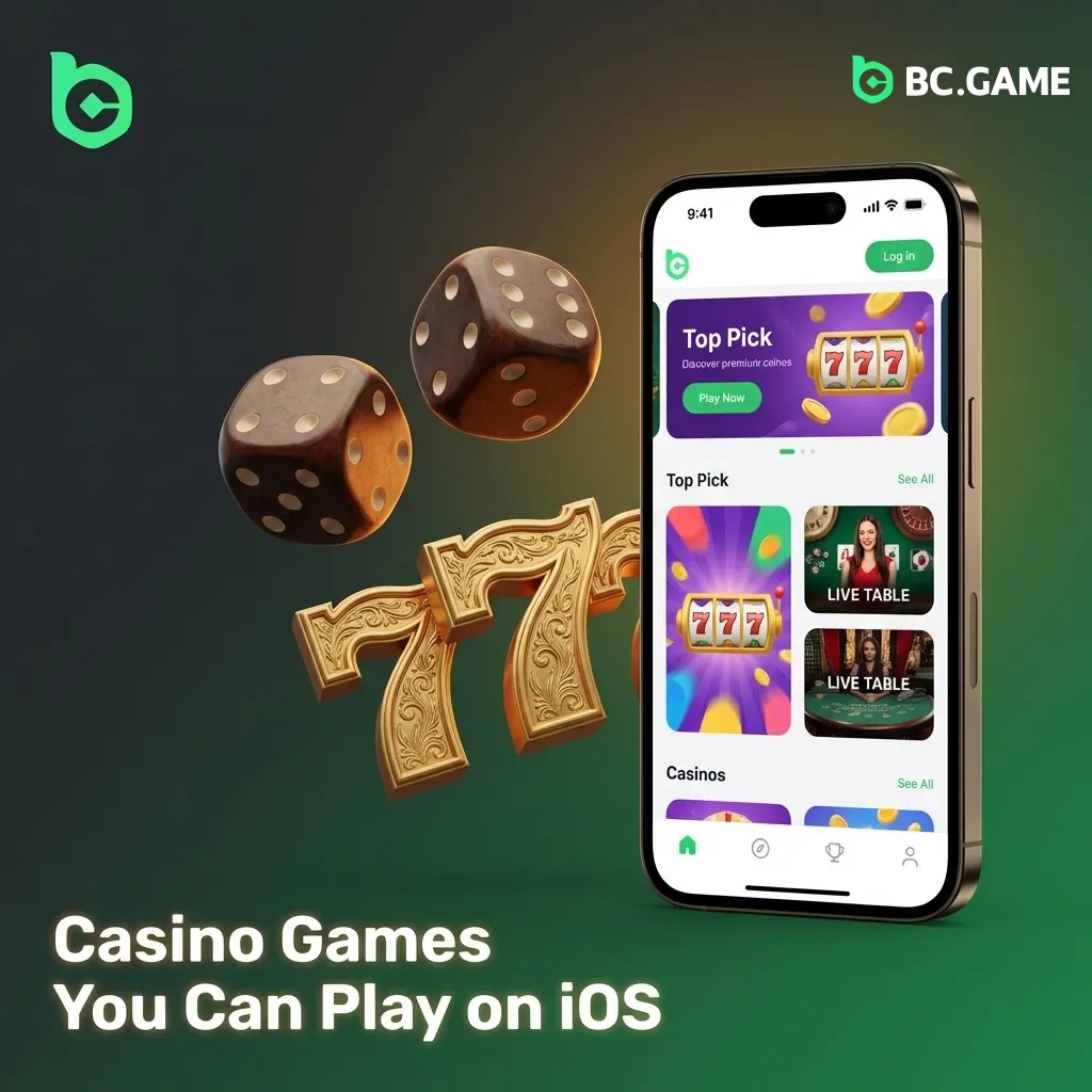 Casino games displayed on iOS device screen showing slots, roulette, and card games