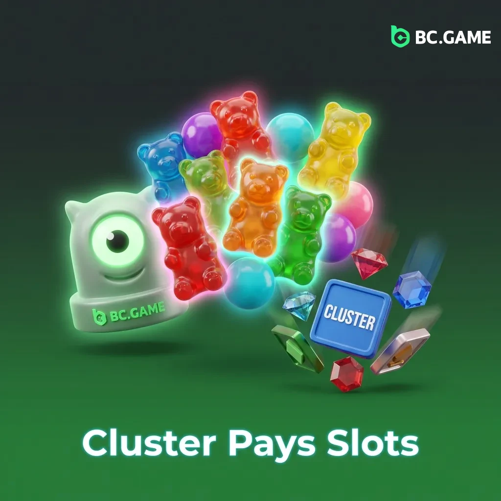 Colorful grid-based slot game showing cluster of matching symbols with tumble mechanics for consecutive wins