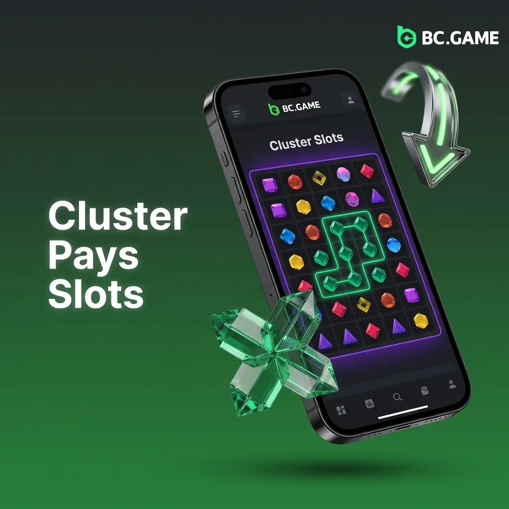 Colorful slot game grid showing matching symbol clusters with cascading mechanics for chain reactions and wins.