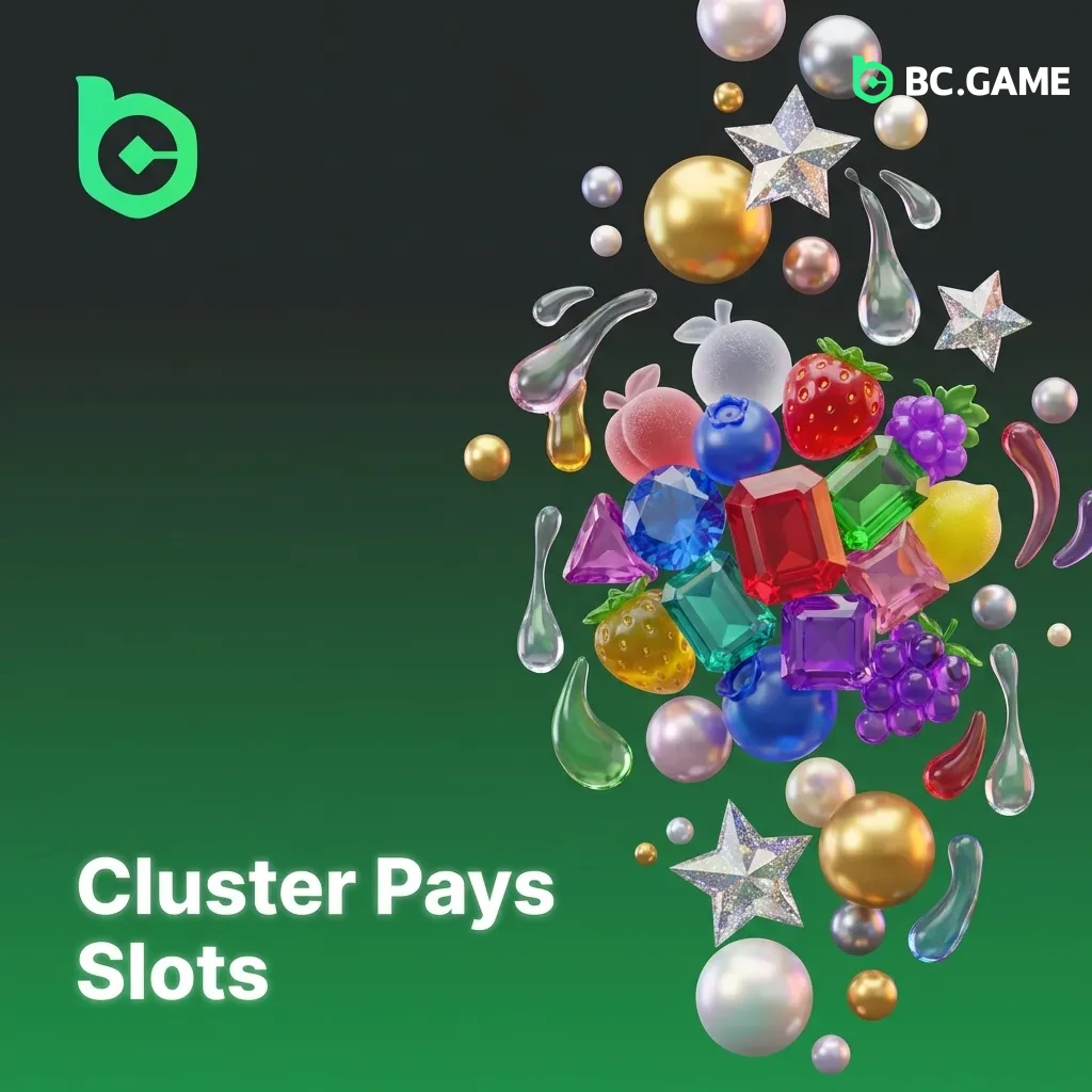 Colorful slot game grid showing clustered matching symbols with cascading mechanics and chain reaction wins