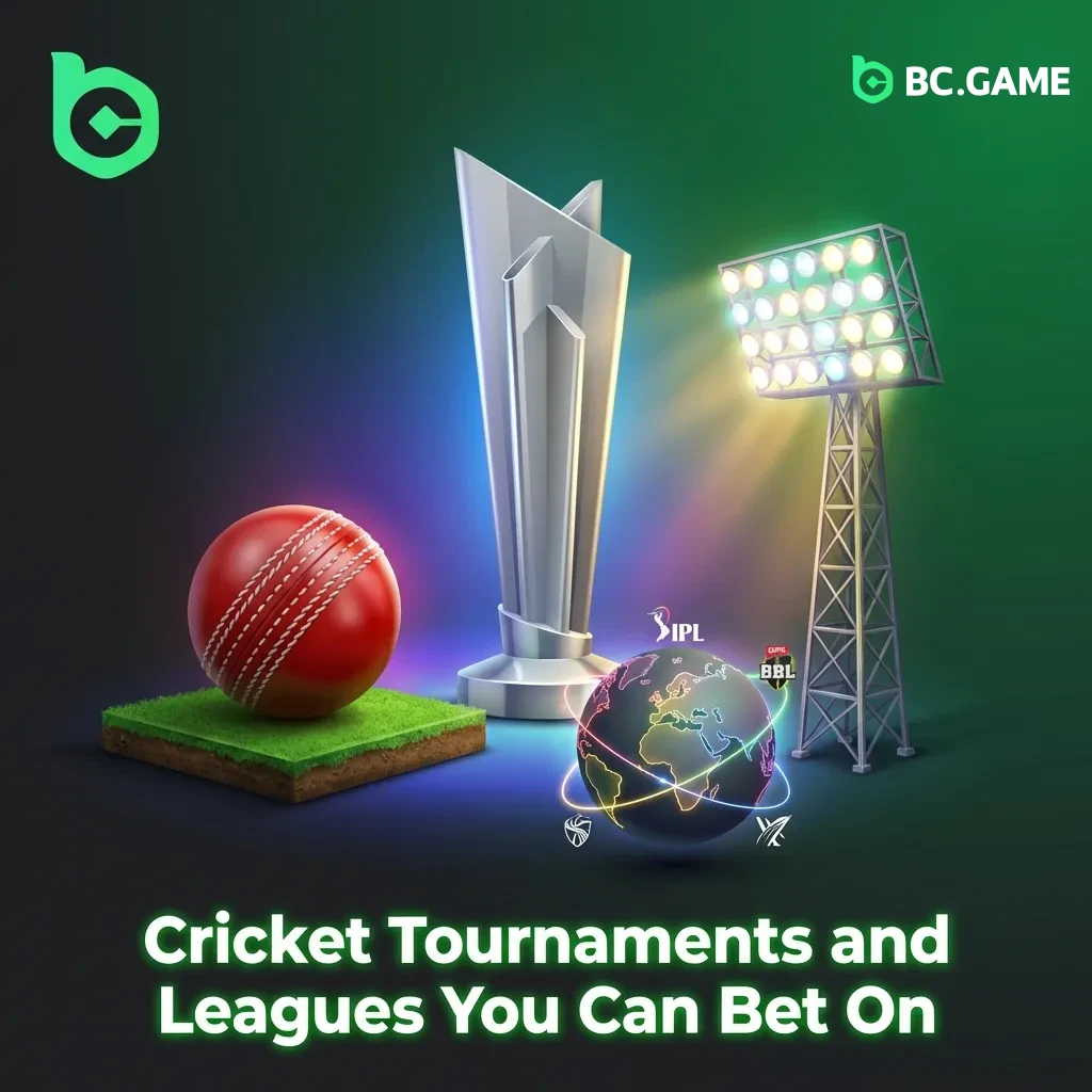 Cricket betting markets including ICC World Cup, T20 leagues, The Ashes, IPL, and international test series tournaments.
