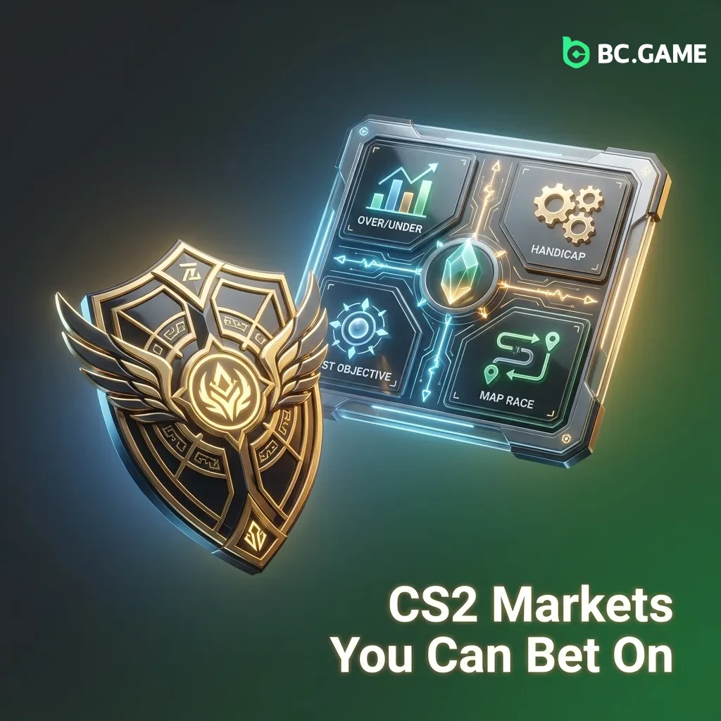 CS2 betting markets including match winner, map winner, round totals, handicaps, and player performance wagers.