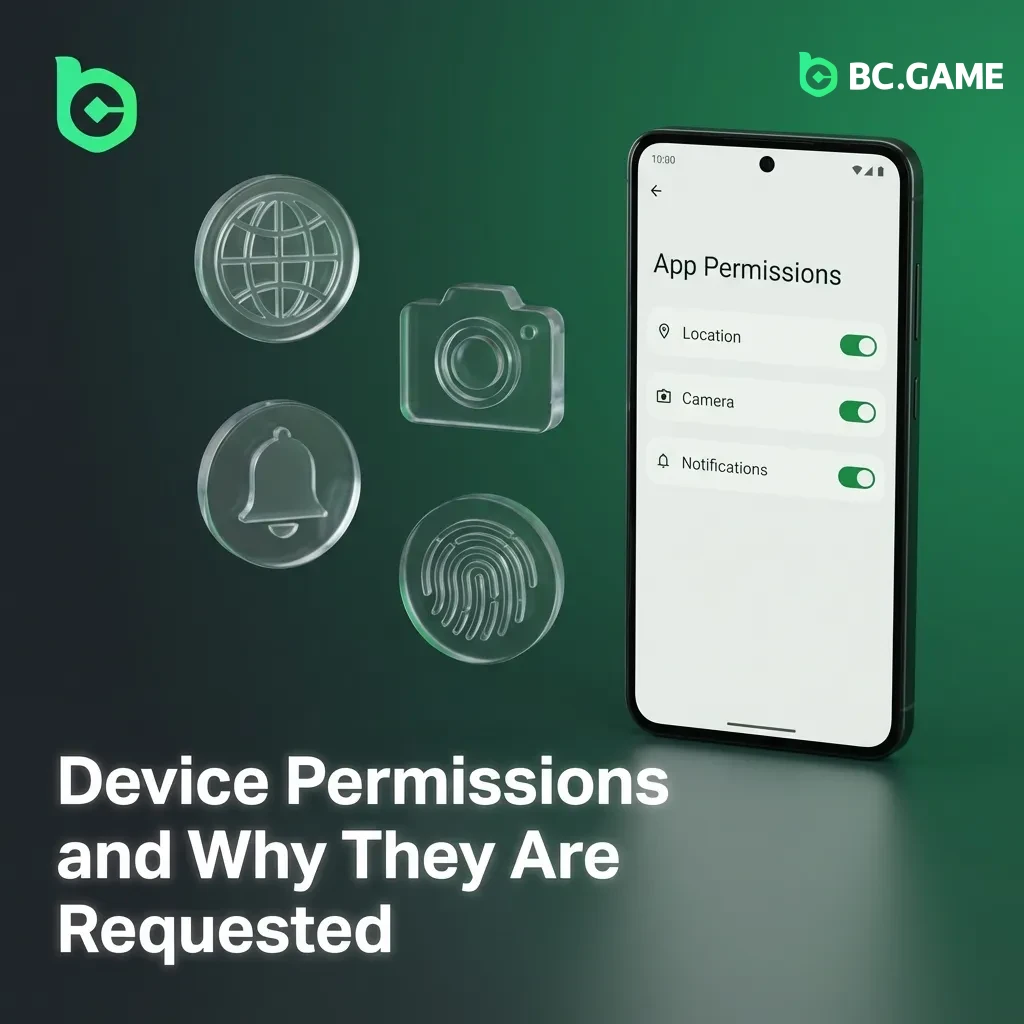 App permissions screen showing network, storage, notifications, camera, biometric, and location access for betting app