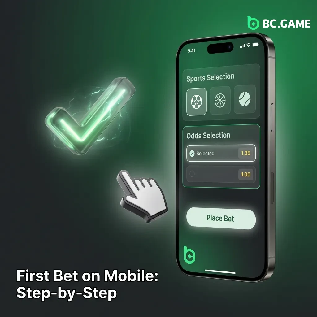 Mobile sports betting interface showing five simple steps from login to placing your first bet on BC Game app