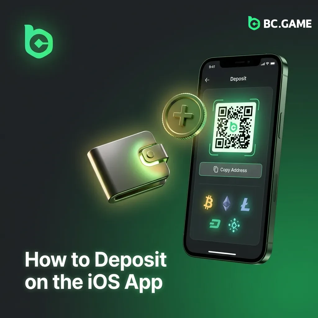 Smartphone screen showing BC Game deposit interface with cryptocurrency wallet address and QR code options
