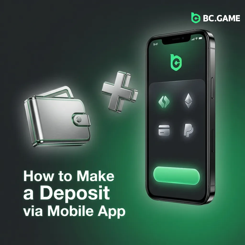 Mobile app screenshot showing deposit button, payment method selection, and amount entry process for BC Game account funding.