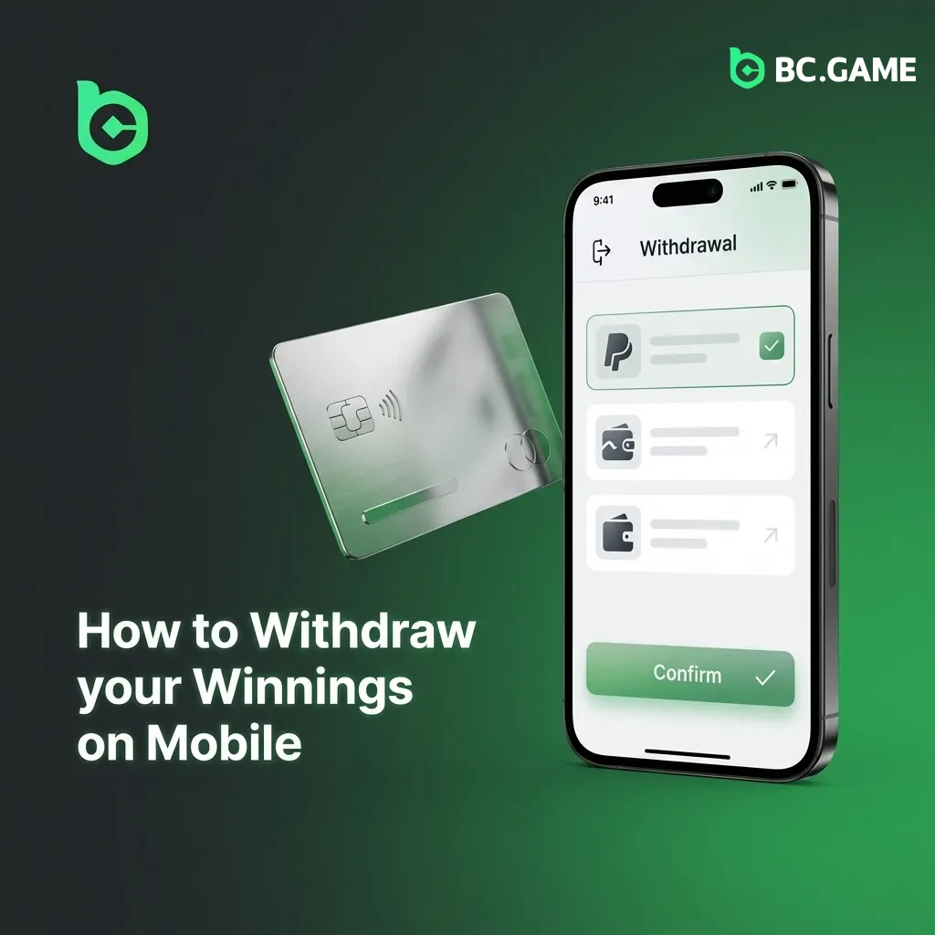 BC Game mobile app withdrawal screen showing wallet section with withdraw button and payment method options
