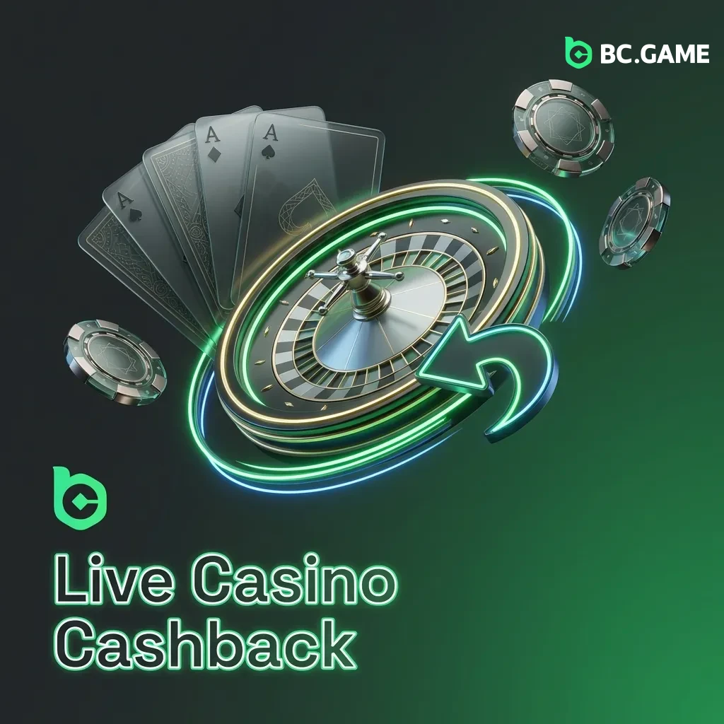 Live casino cashback promotion showing percentage refund on losses with VIP tiers and weekly payment schedule