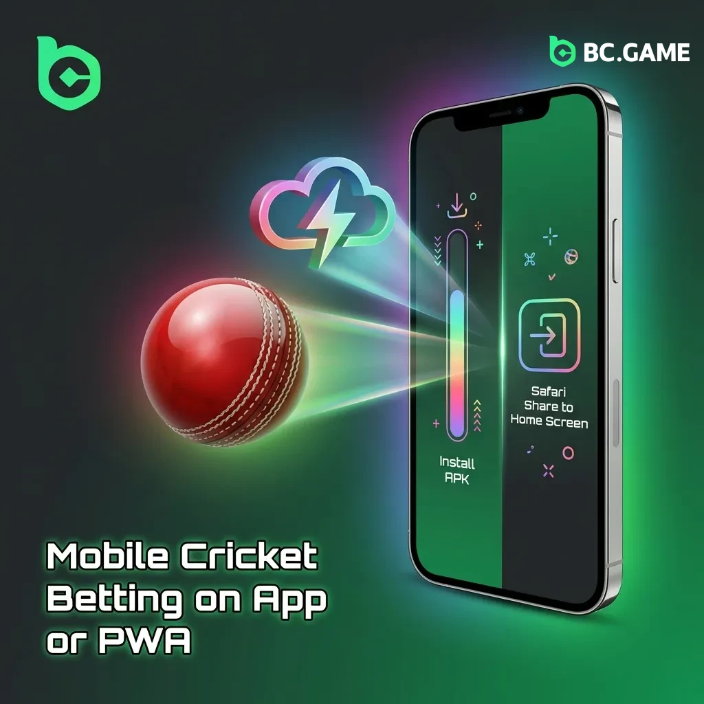 Mobile cricket betting interface showing Android app and PWA options with live odds, bet slip, and match statistics