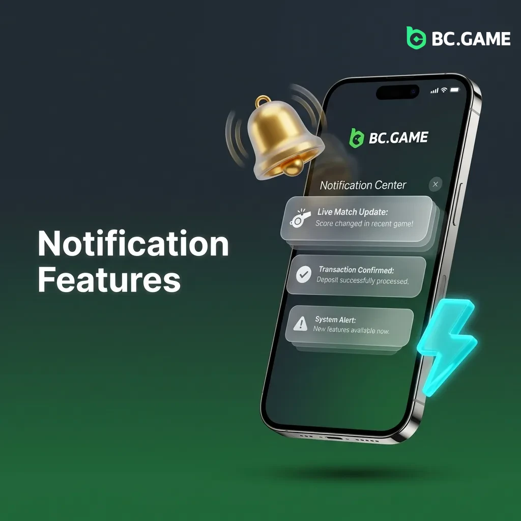 App displaying push notifications for bets, deposits, withdrawals, and promotions with customizable settings menu
