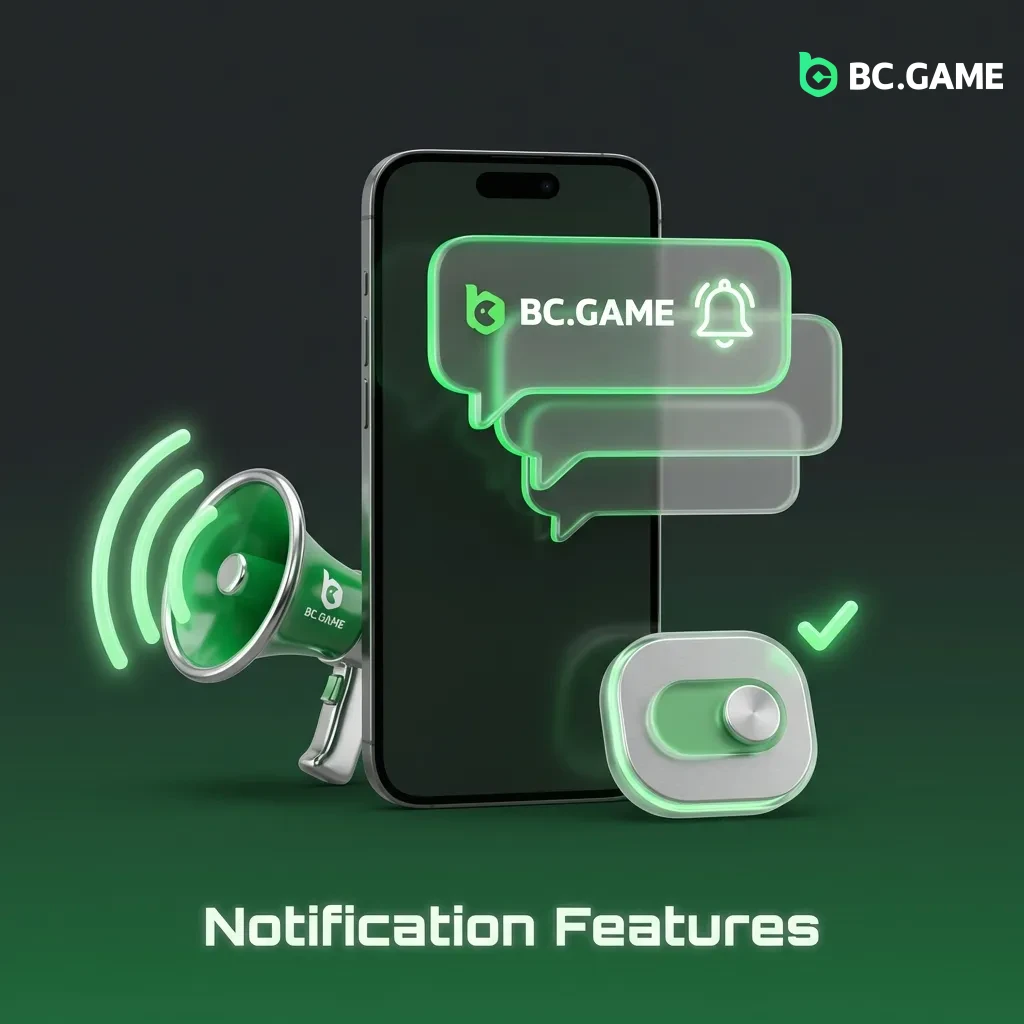 Mobile banking app showing push notification settings for deposits, withdrawals, bonuses, and live bet results