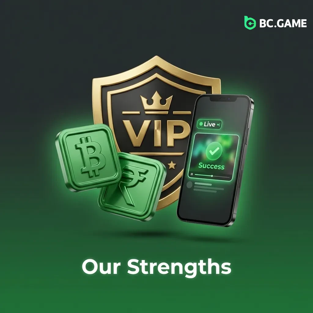 BC Game platform advantages infographic showing crypto deposits, local payments, live streaming, loyalty rewards, and support