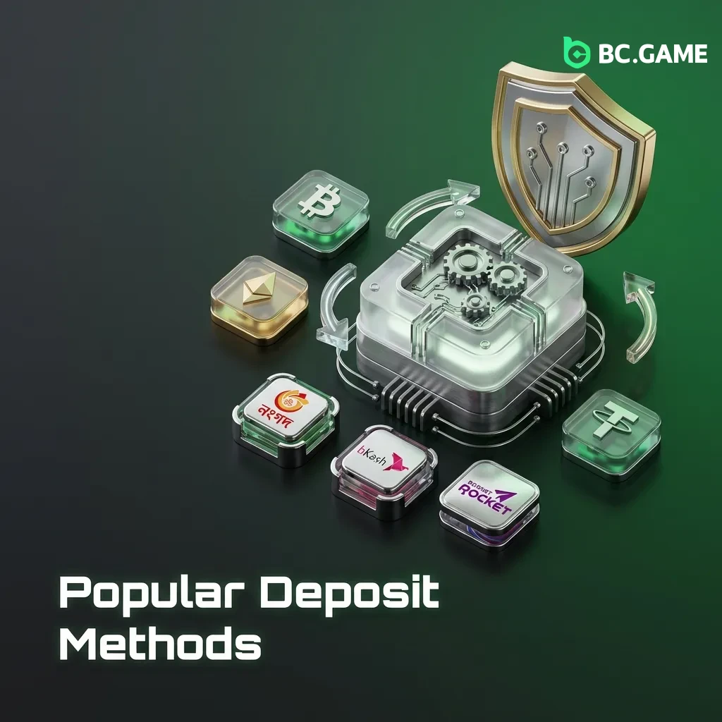 Mobile payment options including Nagad, bKash, Rocket and cryptocurrency methods like Bitcoin, USDT, and Ethereum for deposits