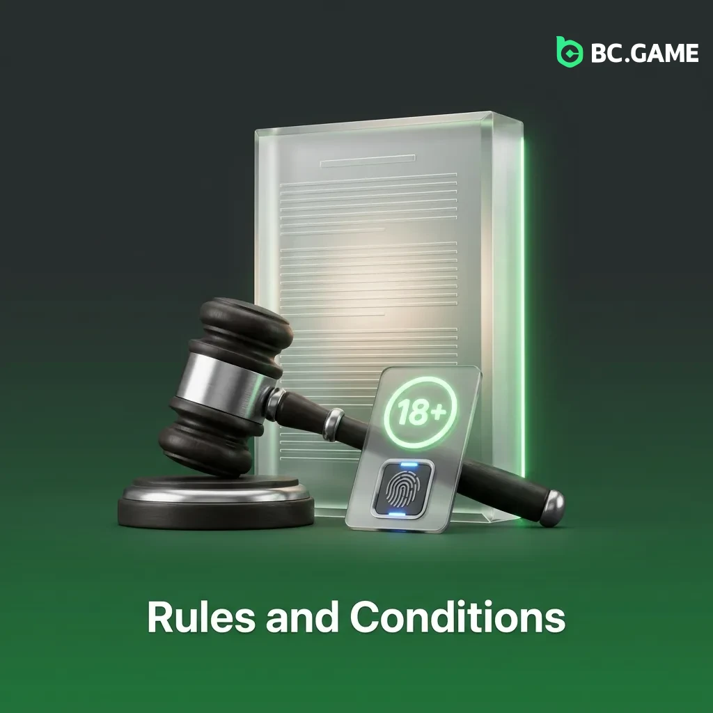 BC Game betting rules illustration showing account requirements, age verification, fair play policies, and withdrawal limits