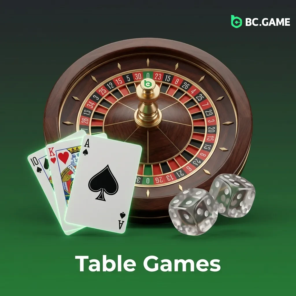 Classic casino table games including roulette, blackjack, baccarat, and poker variants with adjustable betting limits