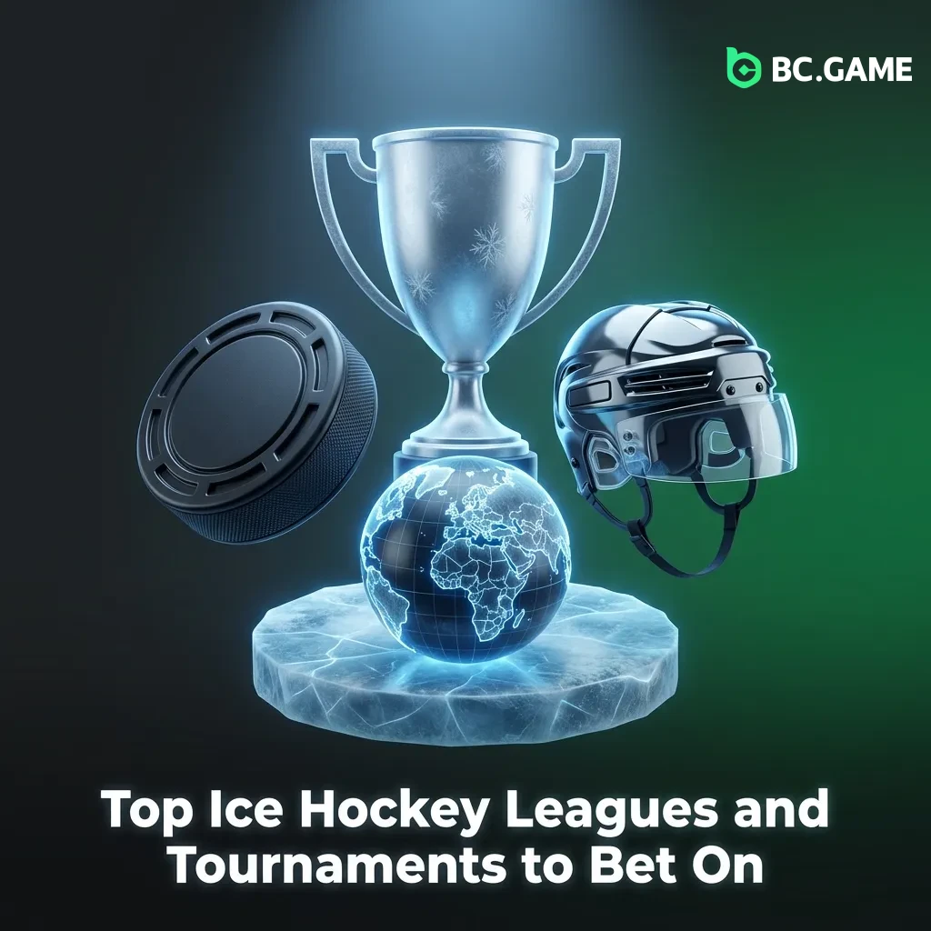 Hockey puck and stick on ice with league logos including NHL, KHL, SHL, and international tournament emblems