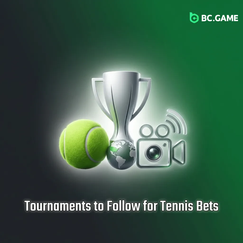 Tennis court with Grand Slam trophies and tournament logos for betting opportunities year-round