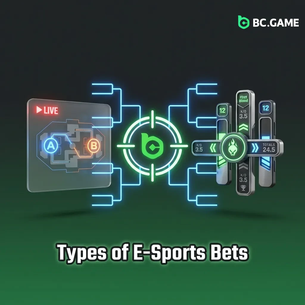 Various e-sports betting options displayed including match winner, map bets, handicaps, and player props for competitive gaming.