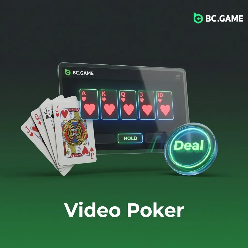 Video poker machine displaying poker hand on screen with hold buttons and betting controls