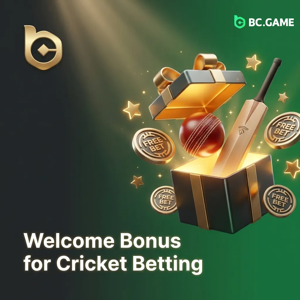 BC Game cricket betting welcome bonus offer showing 380% package up to BDT 2,441,233 with free bets and spins