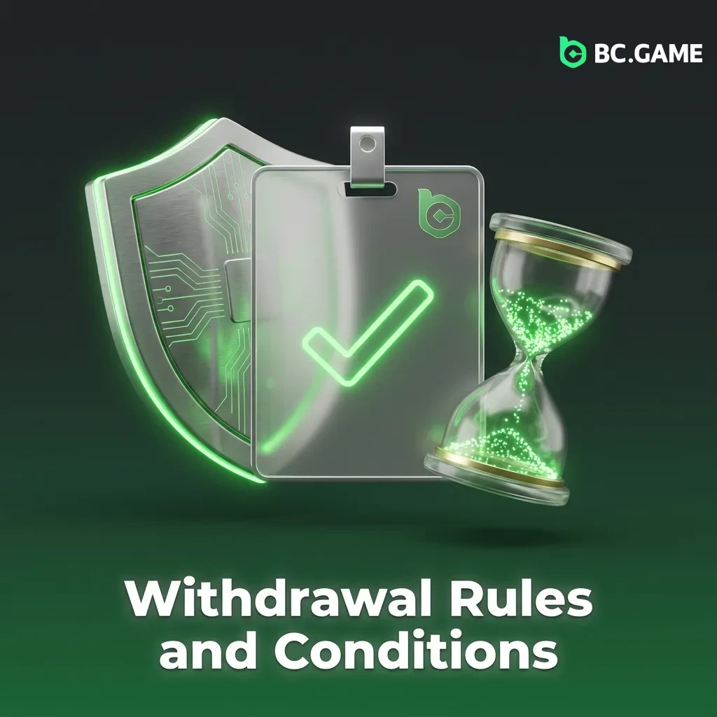 Checklist showing withdrawal rules including verification, wagering requirements, payment methods, limits, and currency matching.