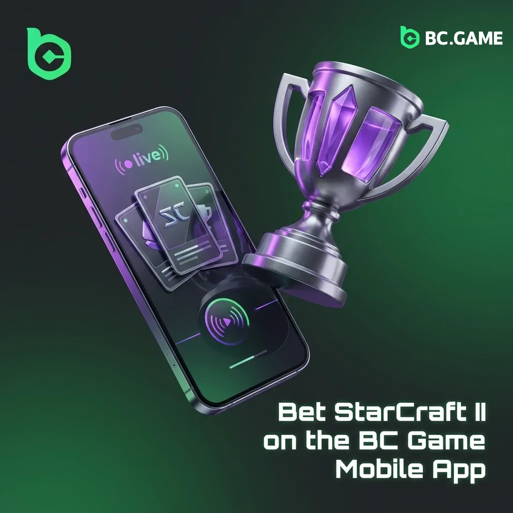 BC Game mobile app interface showing StarCraft II esports betting options and live odds on a smartphone screen
