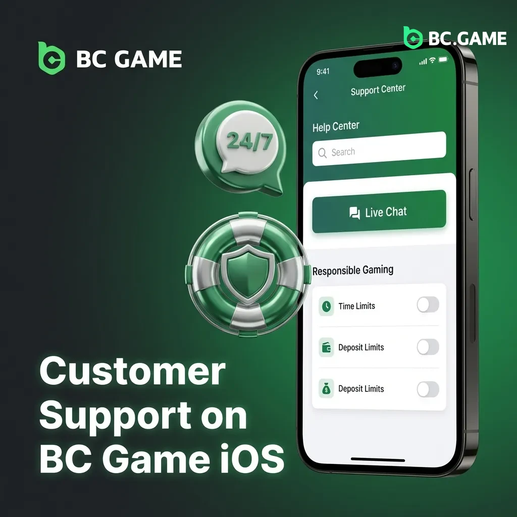 BC Game iOS app showing 24/7 live chat support interface for account, payment, and betting assistance.