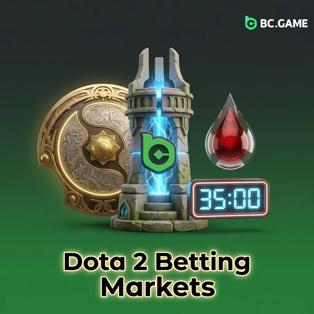 Dota 2 betting options interface showing match winner, first blood, Roshan kill, and other in-game wagering markets