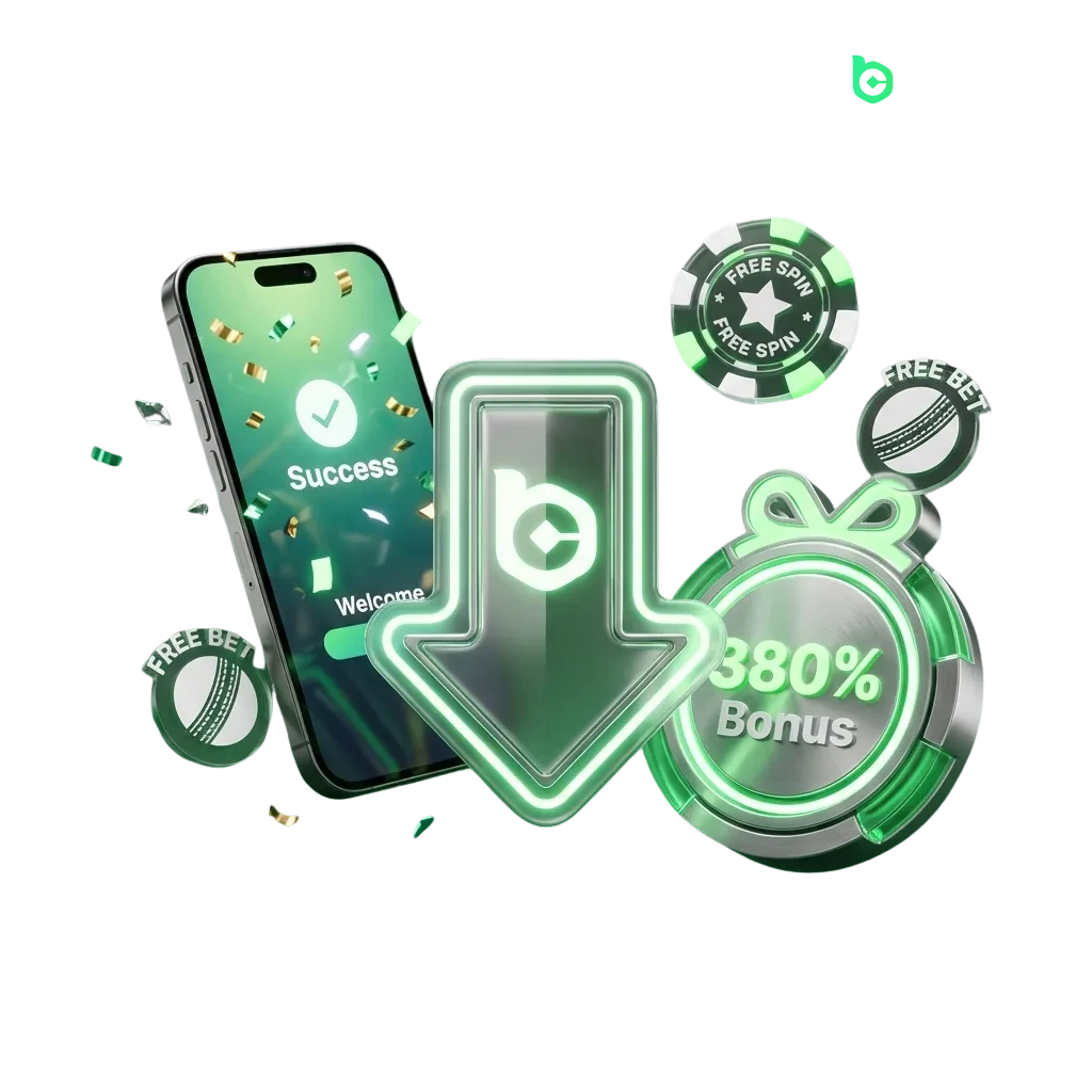 BC Game mobile app interface showing casino games, sports betting options, and 380% welcome bonus offer