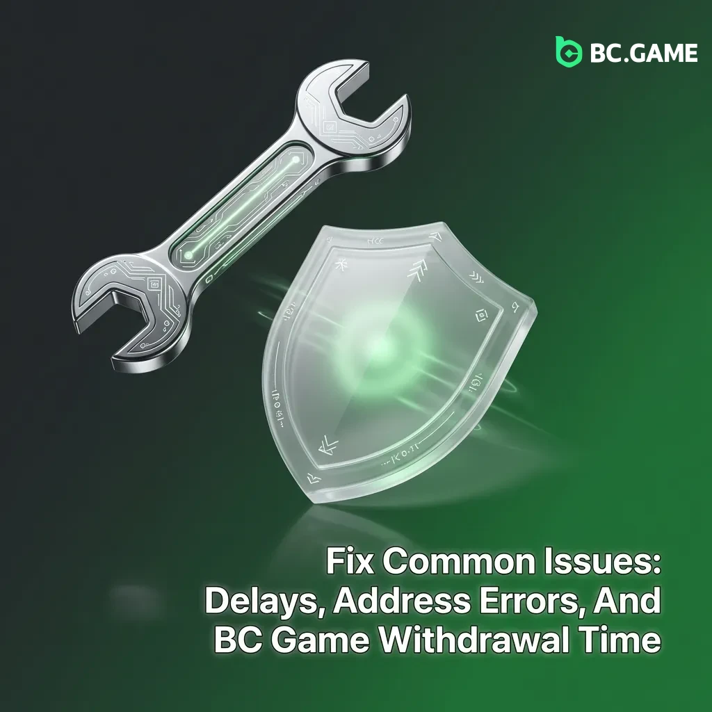 Troubleshooting guide showing common BC Game withdrawal issues like KYC delays, address errors, and blockchain congestion fixes