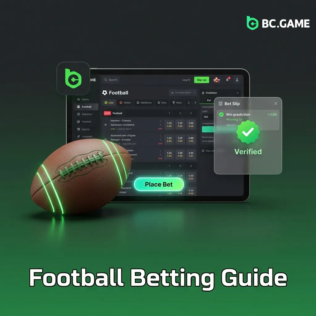 Step-by-step guide showing registration, deposit, football bet selection, and withdrawal process at BC Game platform