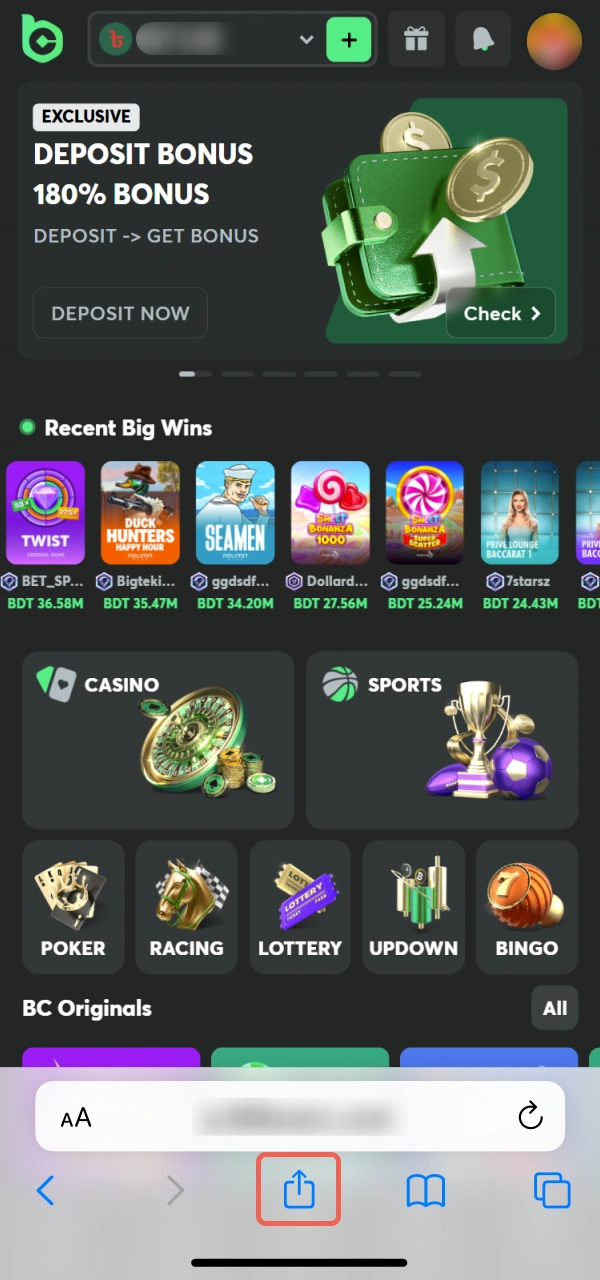 Use the browser menu to add BC Game iOS icon.