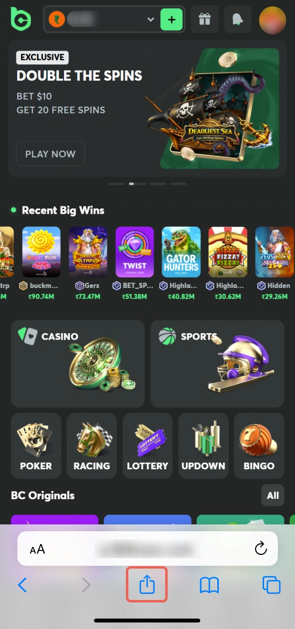 Use the browser share option to install the BC Game PWA.