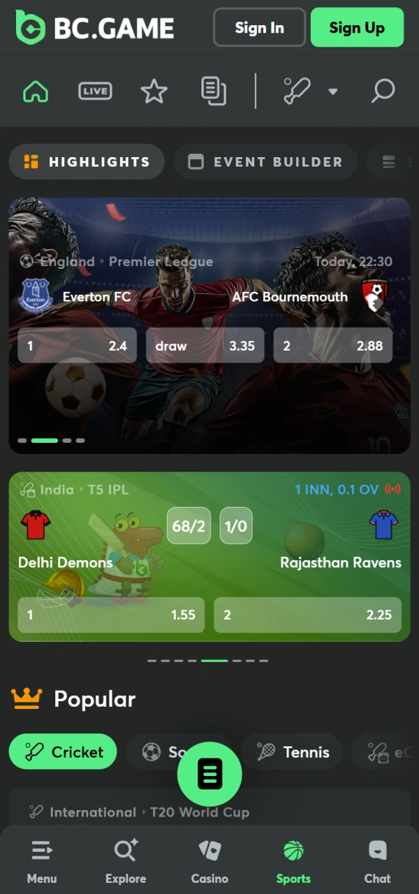 Explore the mobile sports betting categories on BC Game iOS.
