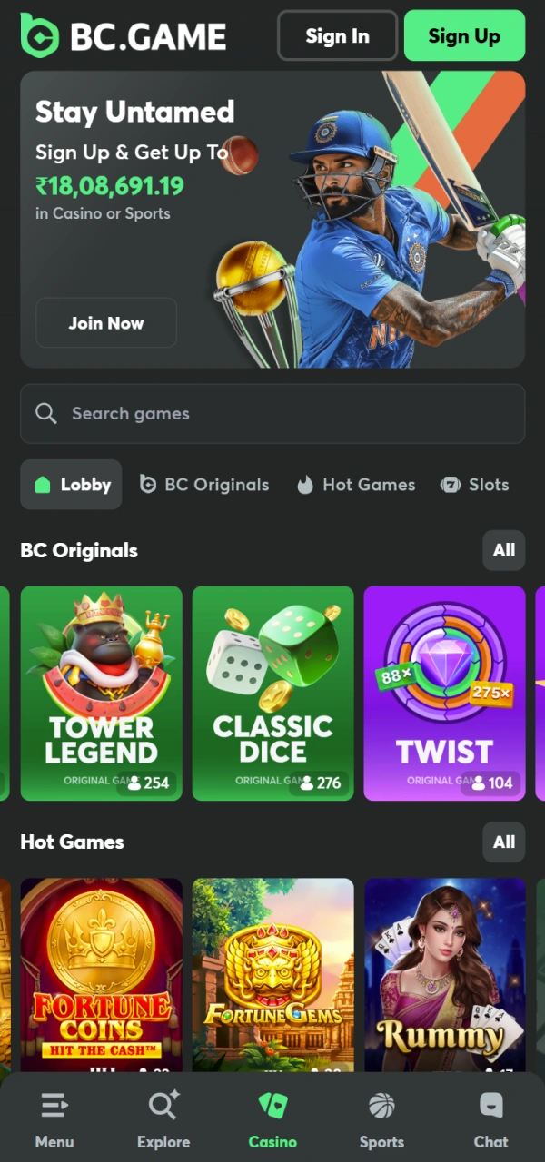 Check the available gambling titles on the BC Game iOS version.