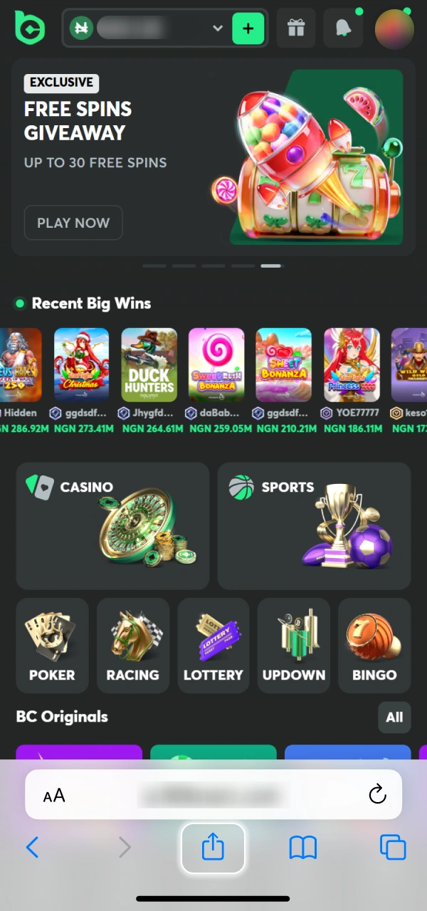 Use the share feature to configure your BC Game PWA.