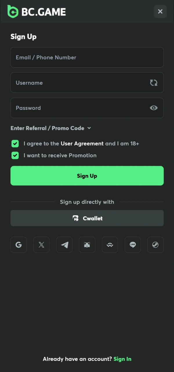 See the mobile registration layout within the BC Game iOS App.